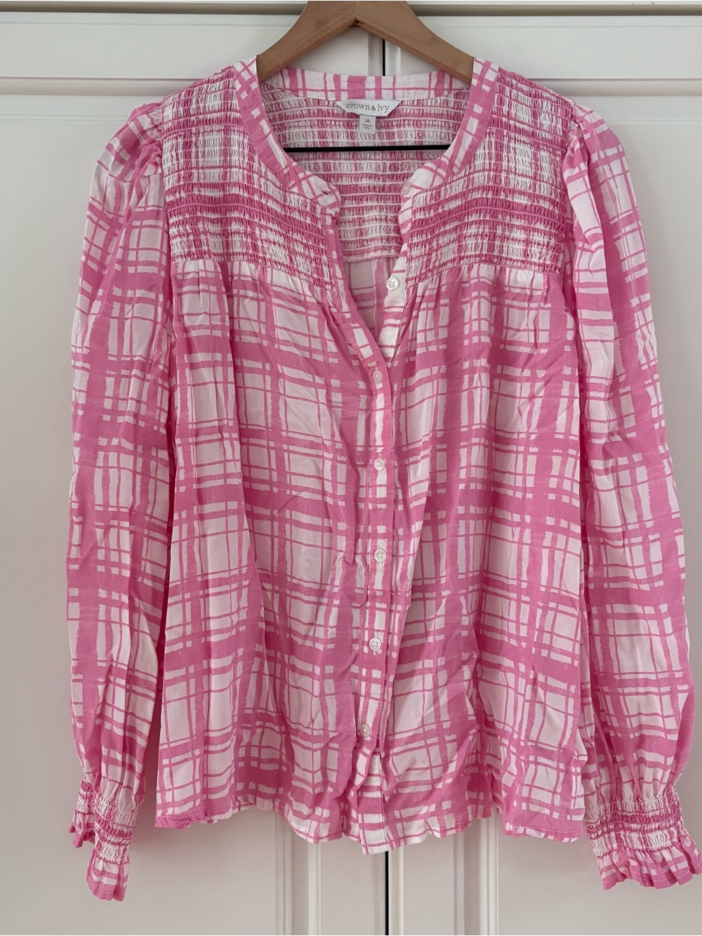 Crown & Ivy Medium Pink White Smocked Plaid Shirt